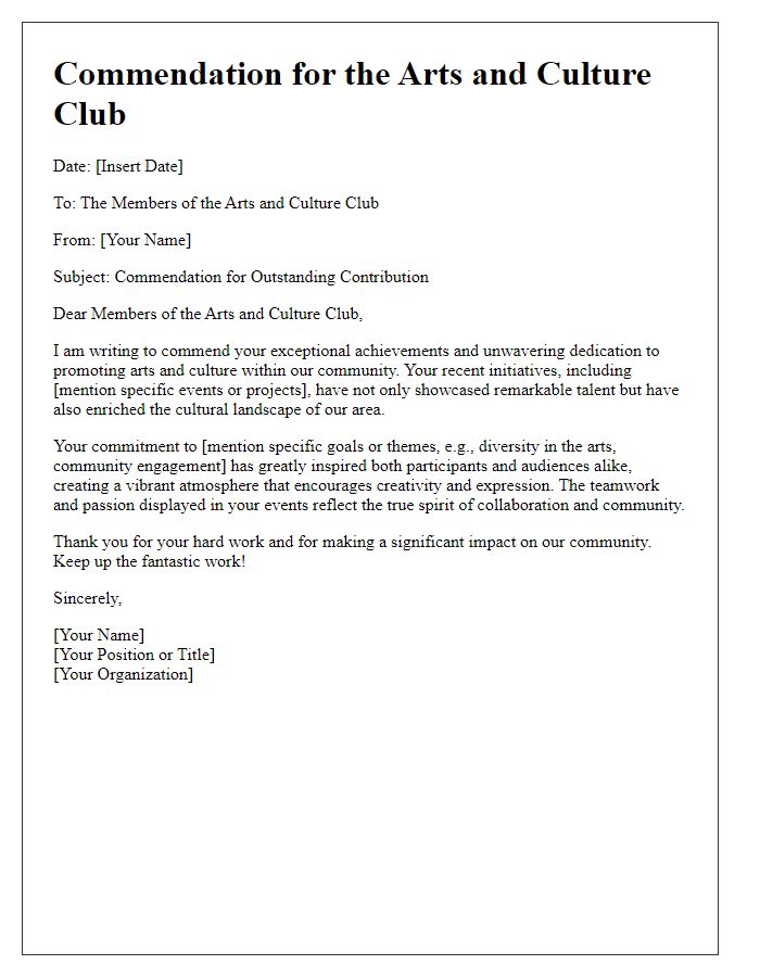 Letter template of commendation for an arts and culture club.