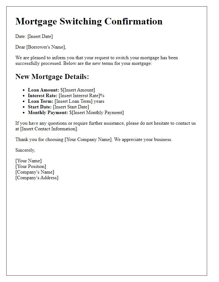 Letter template of mortgage switching confirmation of new terms