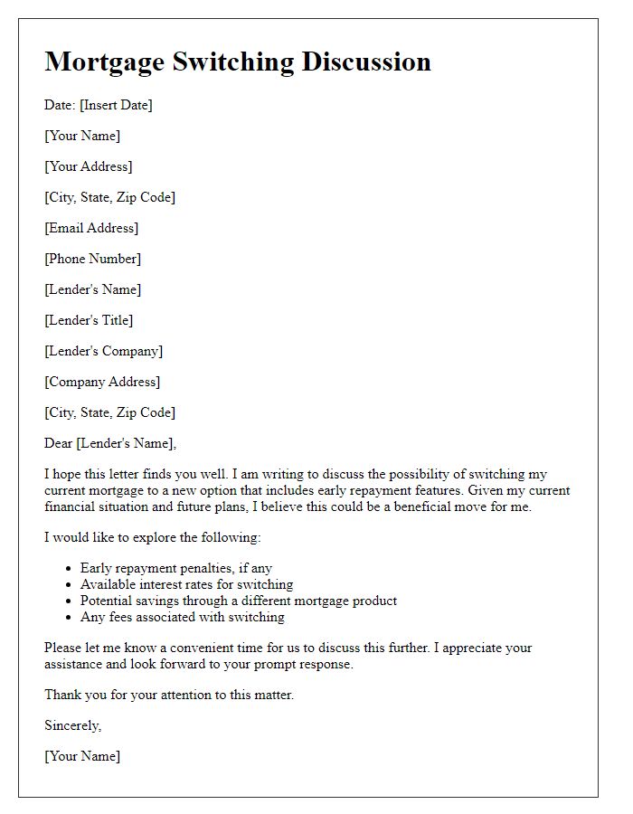 Letter template of mortgage switching discussion for early repayment options