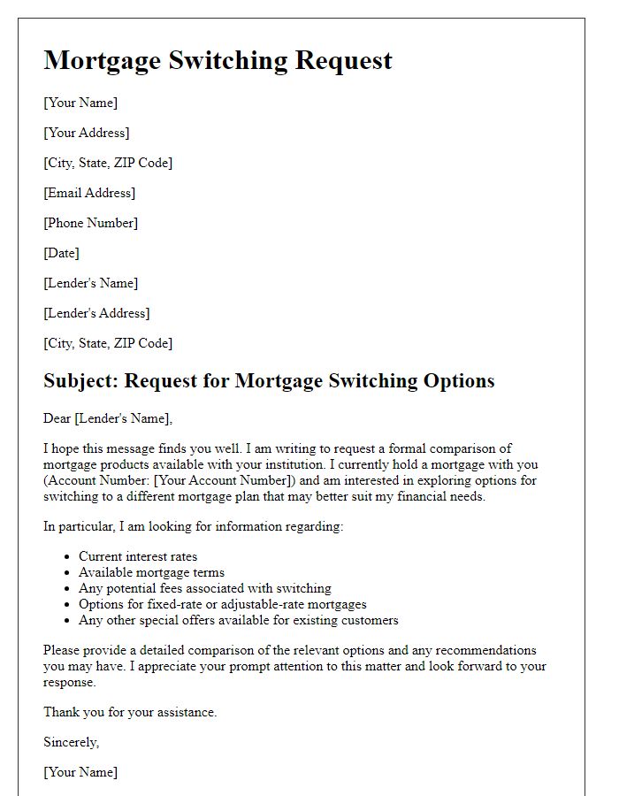 Letter template of mortgage switching request for lenders' comparison