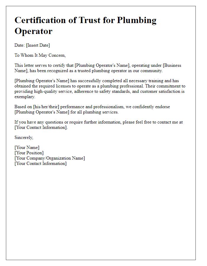 Letter template of certification for a trusted plumbing operator.