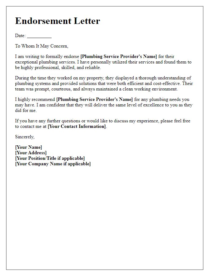 Letter template of endorsement for a plumbing service provider.