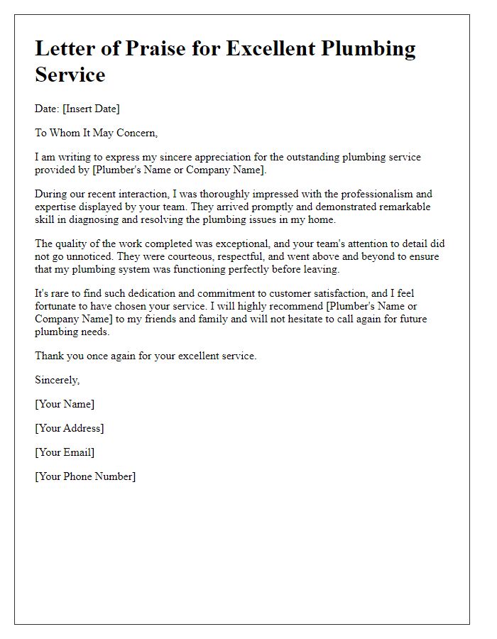 Letter template of praise for a professional plumbing service.