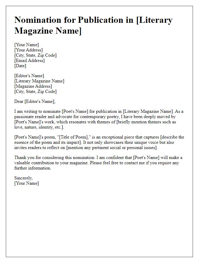 Letter template of nomination for a poet's publication in a literary magazine.