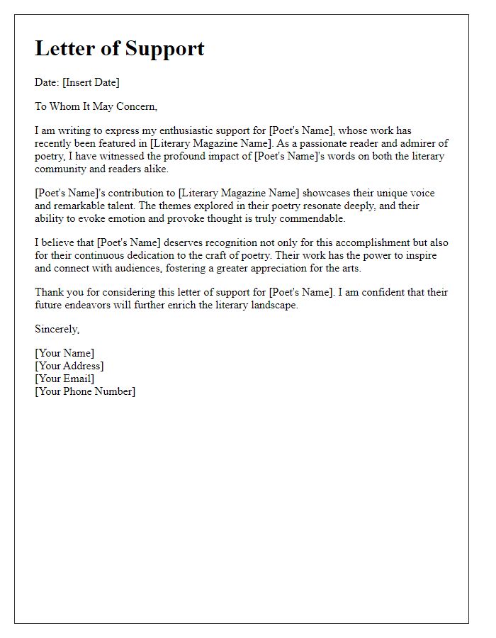 Letter template of support for a poet featured in a literary magazine.