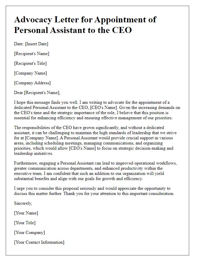 Letter template of advocacy for appointing a personal assistant to the CEO.