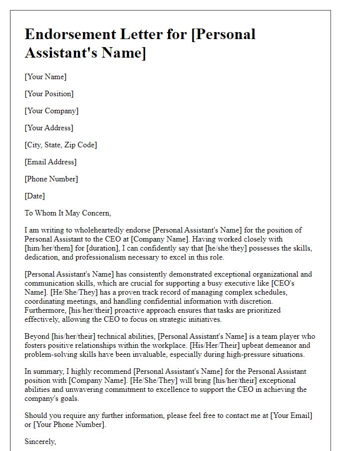 Letter template of endorsement for a personal assistant for CEO position.