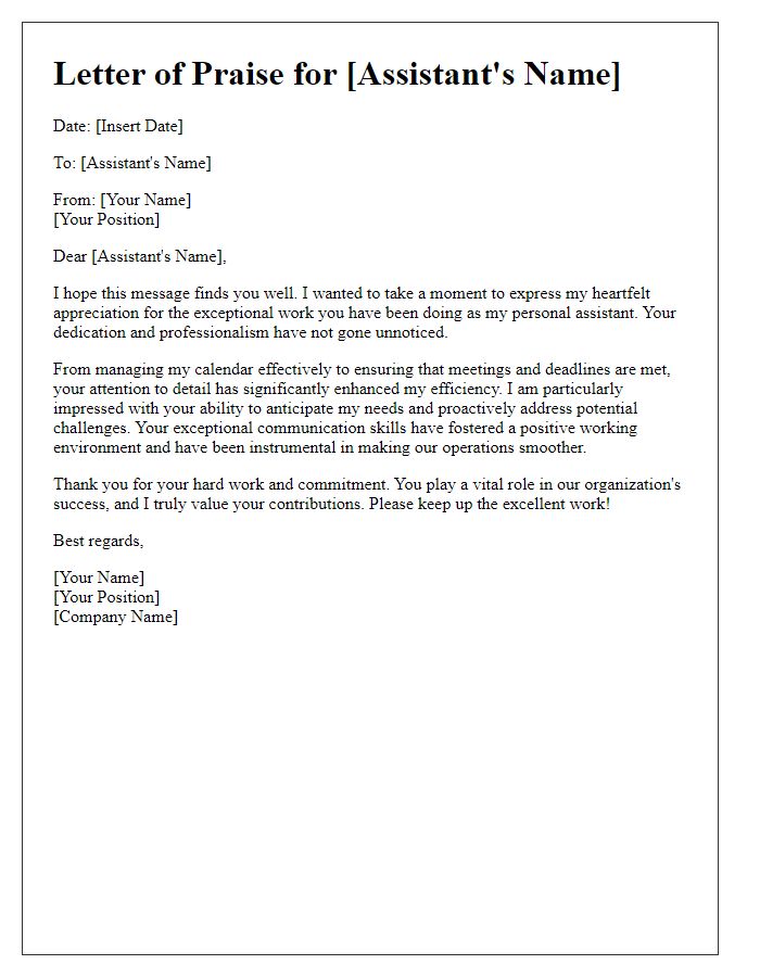 Letter template of praise for a personal assistant suited for CEO duties.