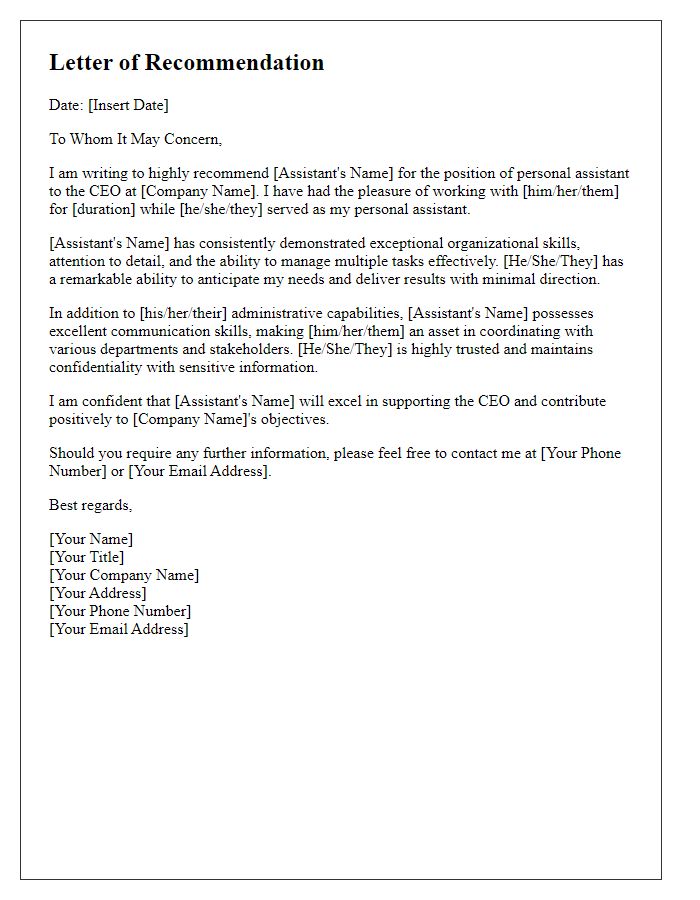 Letter template of recommendation for CEO's personal assistant.