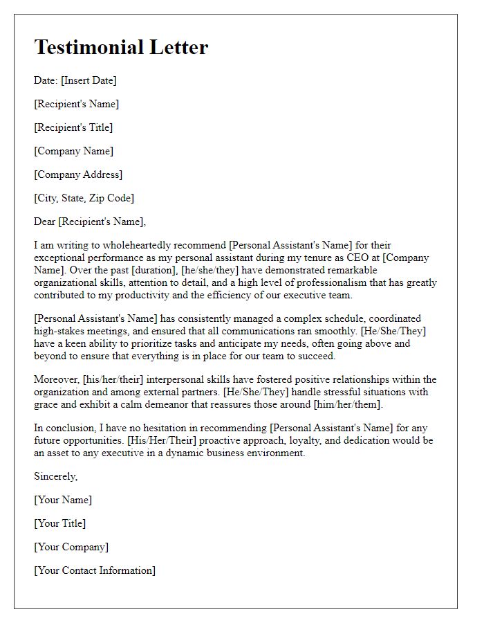 Letter template of testimonial for a personal assistant in a CEO's environment.