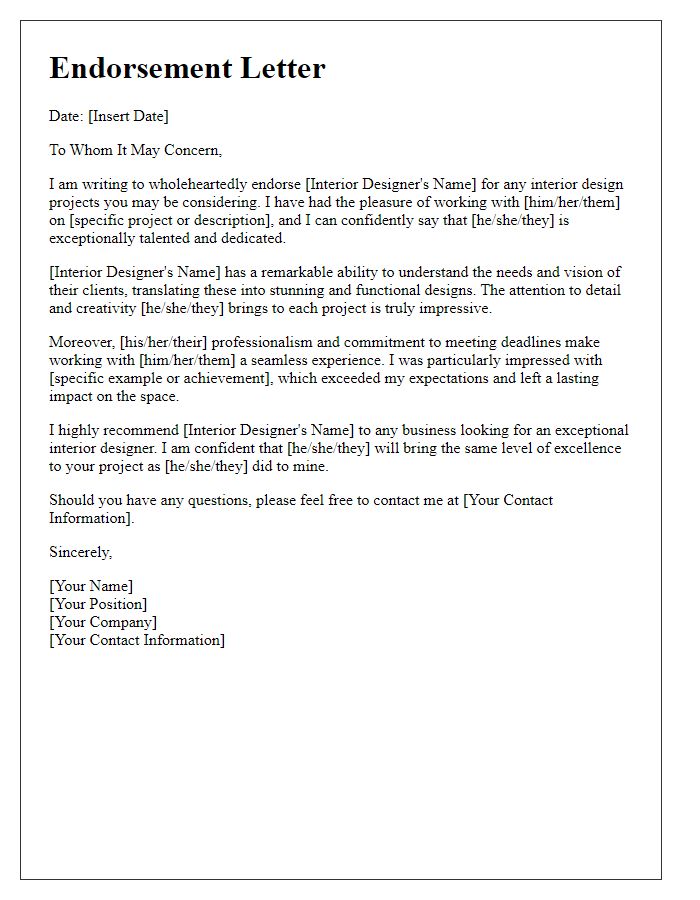 Letter template of endorsement for an interior designer to a business client.