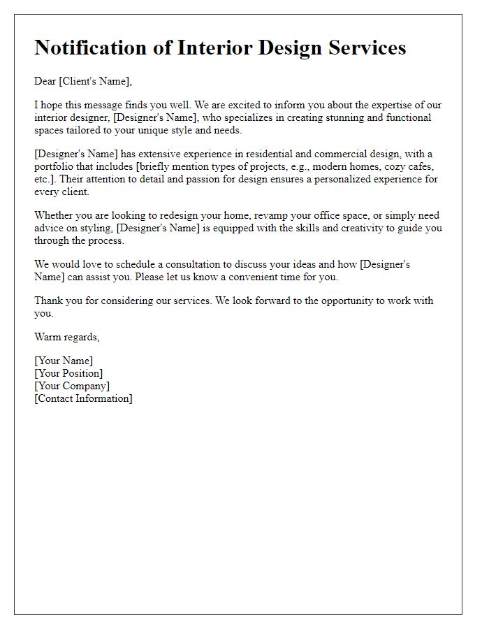 Letter template of notification about an interior designers expertise to a client in need.