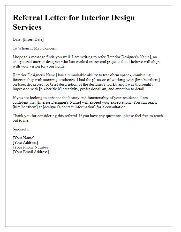 Letter template of referral for an interior designer to a residential client.