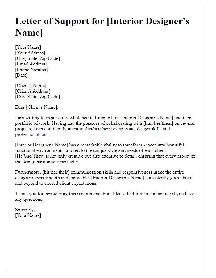 Letter template of support for an interior designer's portfolio to a potential client.