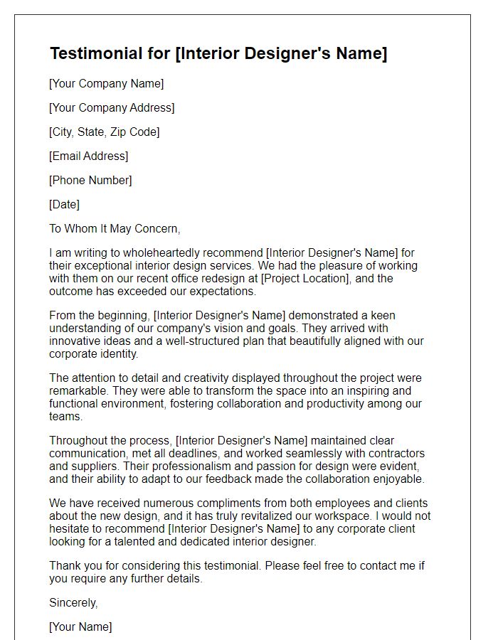 Letter template of testimonial for an interior designer to a corporate client.