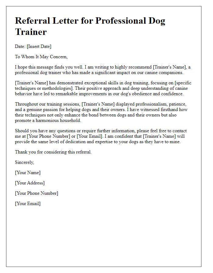 Letter template of referral for a professional dog trainer.