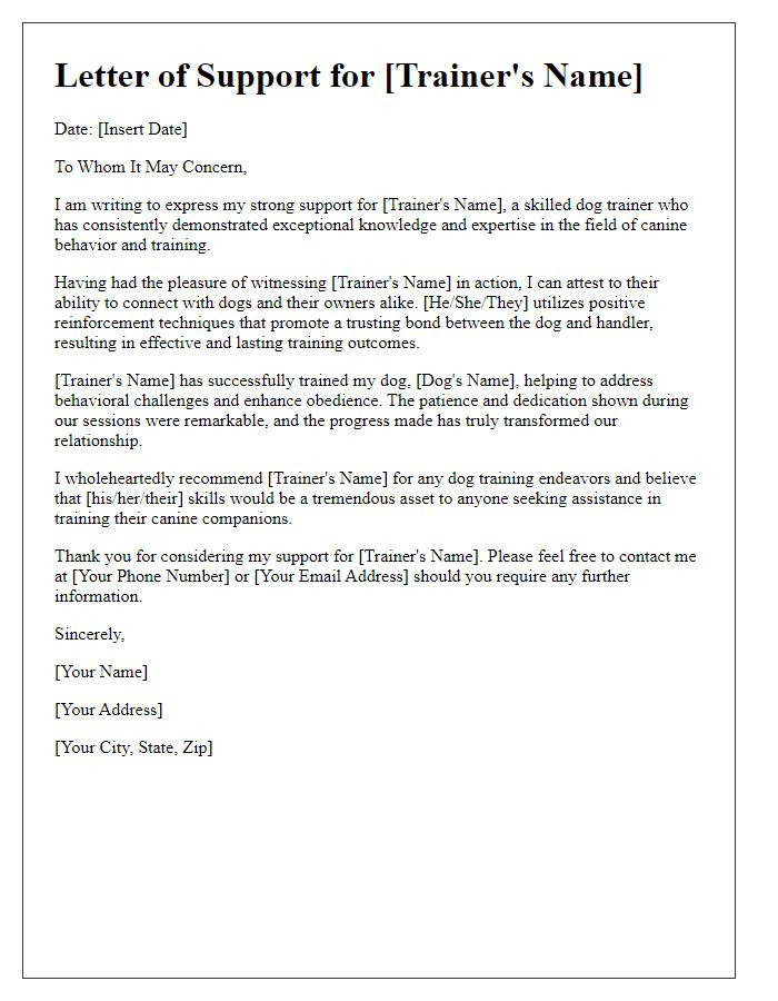 Letter template of support for a skilled dog trainer.