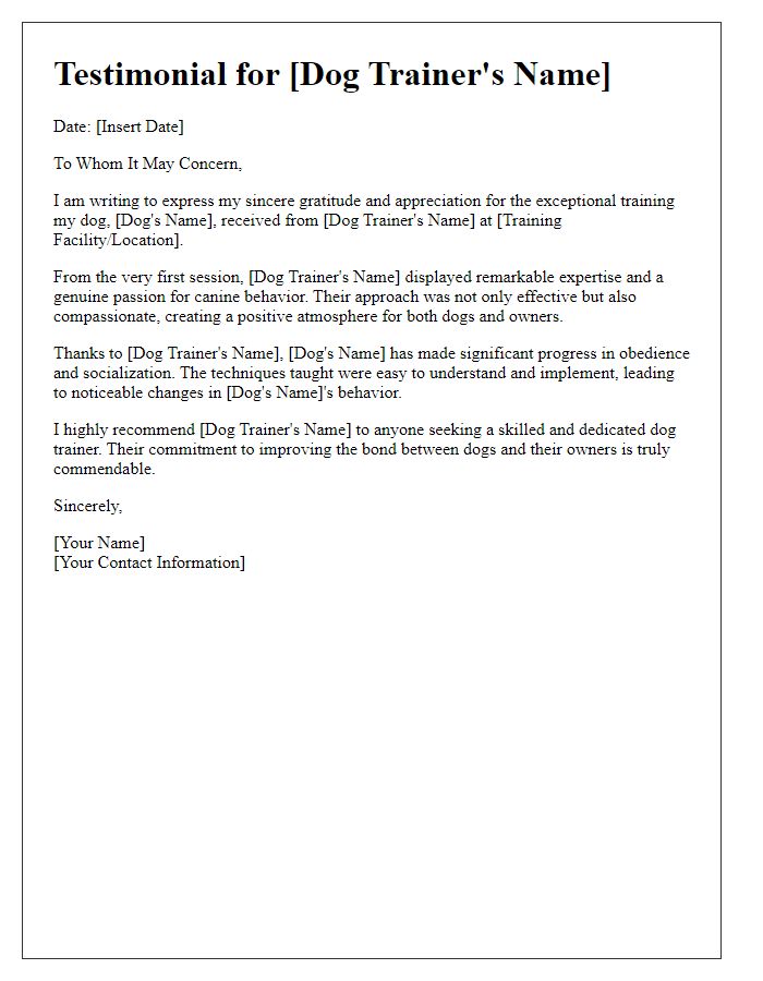 Letter template of testimonial for an effective dog trainer.