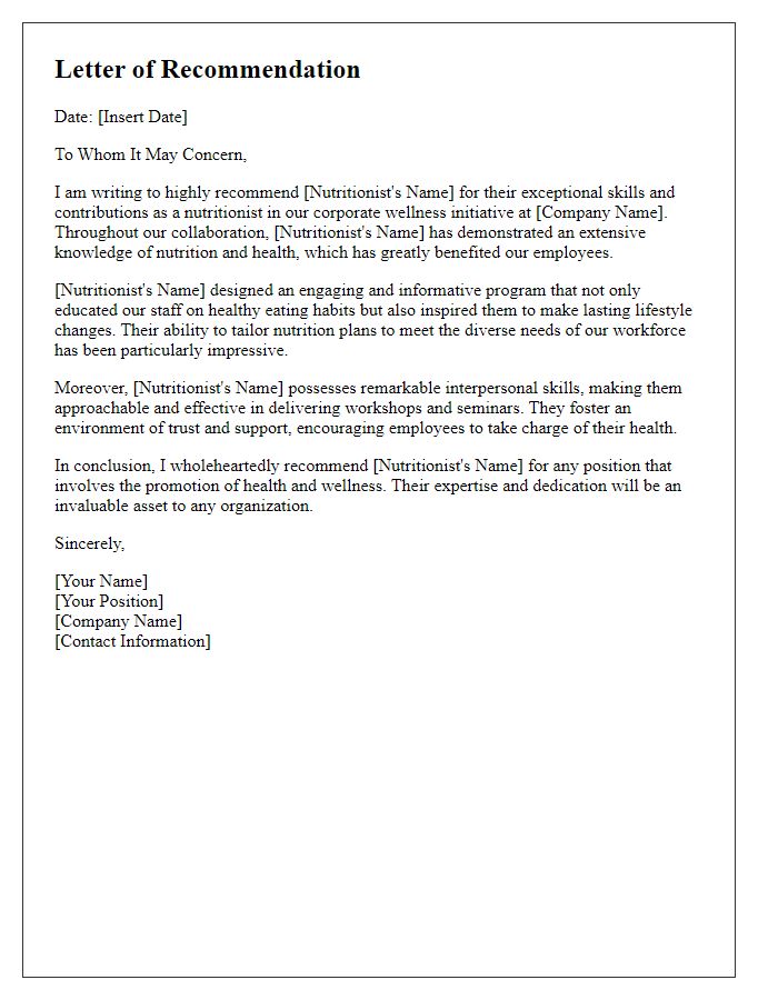 Letter template of recommendation for a nutritionist in a corporate wellness initiative.