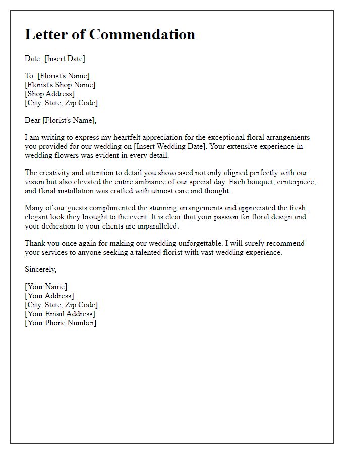 Letter template of commendation for a florist with extensive wedding experience.