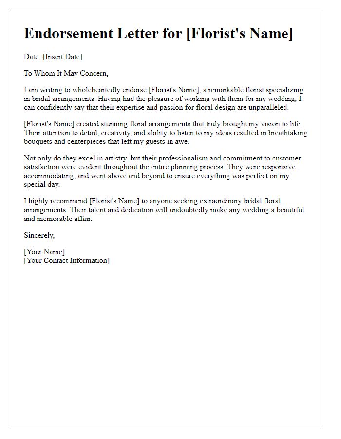 Letter template of endorsement for a florist specializing in bridal arrangements.