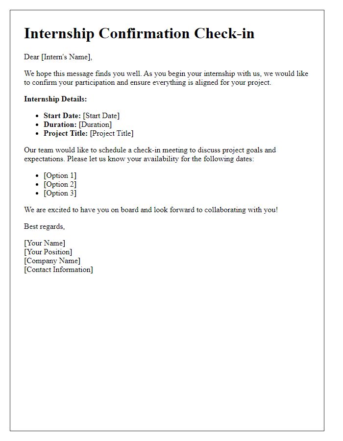 Letter template of internship confirmation check-in for project alignment