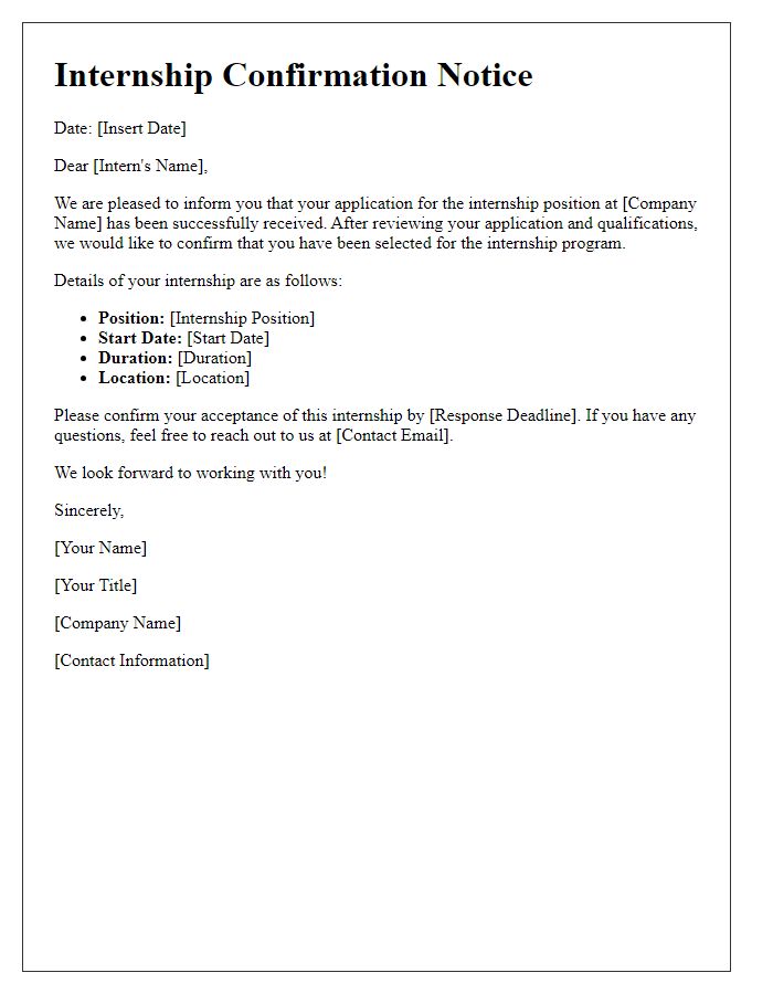 Letter template of internship confirmation notice for application status