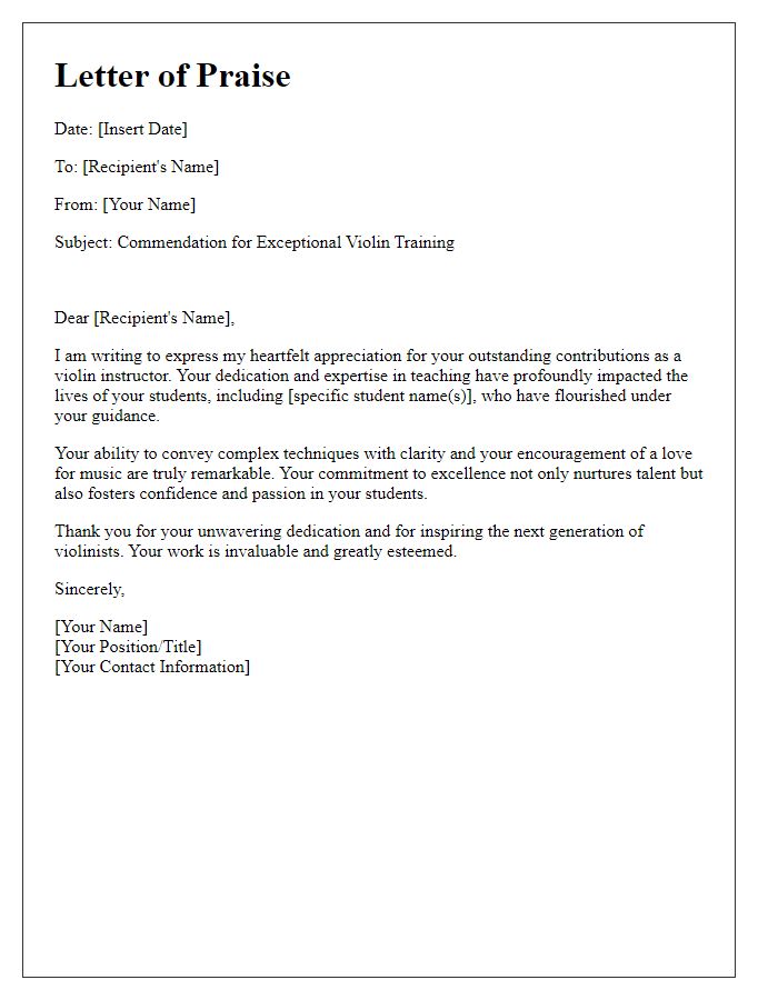 Letter template of praise for an accomplished violin professional for music training.