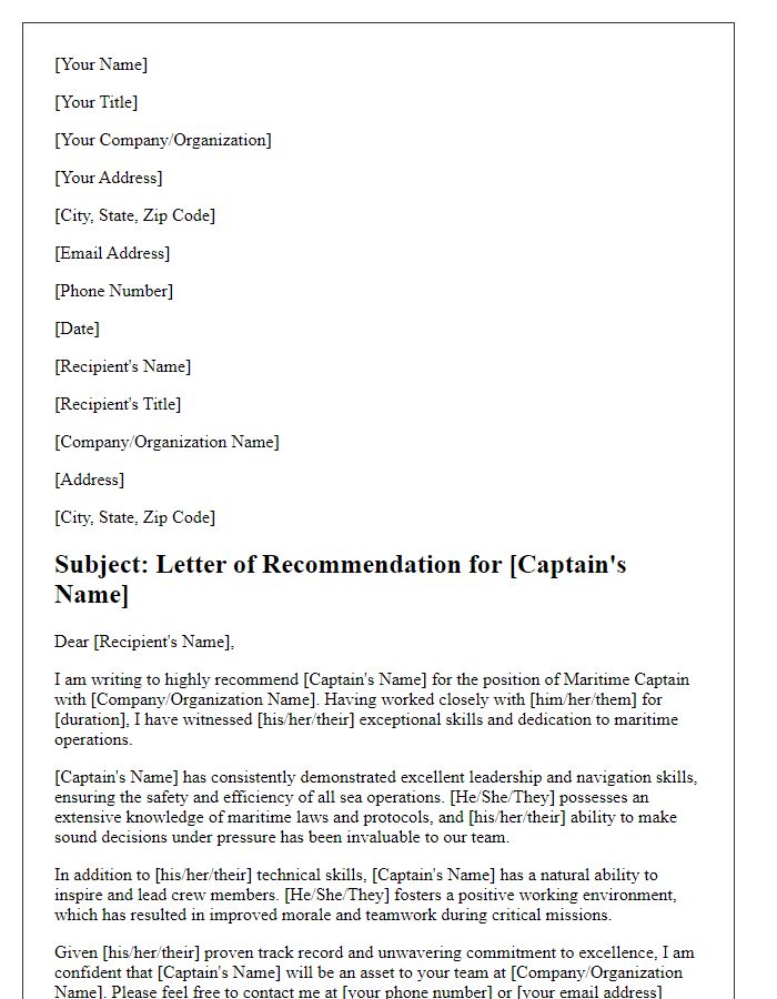 Letter template of recommendation for a maritime captain position.