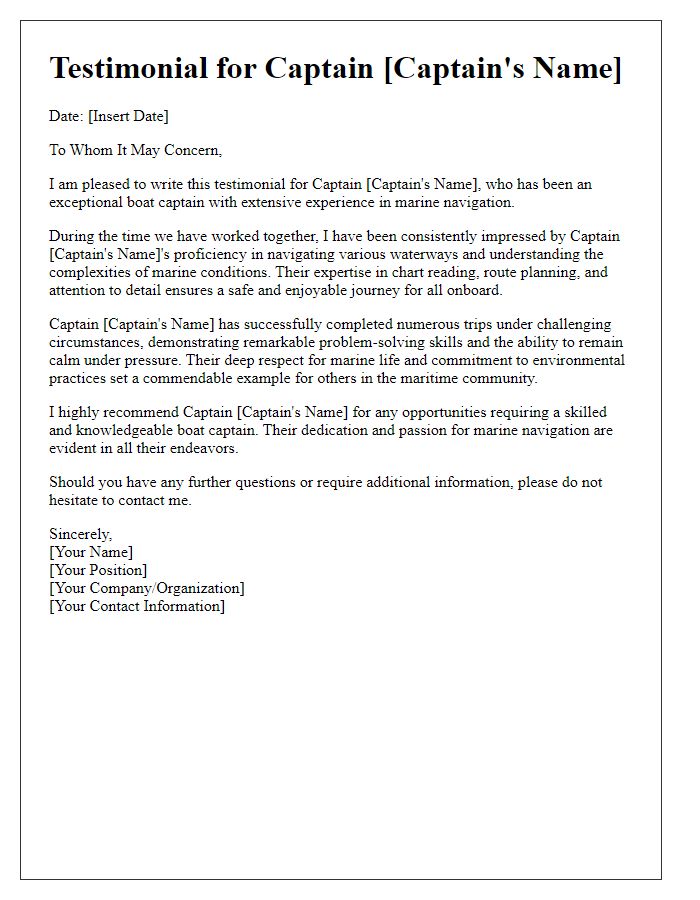 Letter template of testimonial for a boat captain's experience in marine navigation.