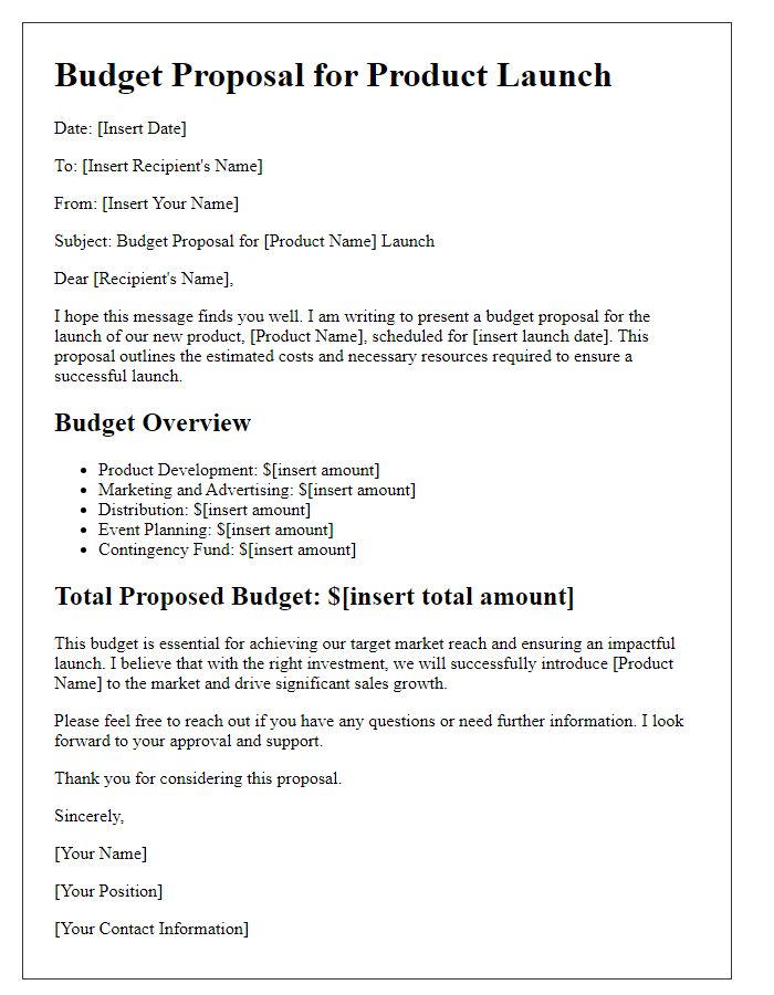 Letter template of budget proposal for product launch