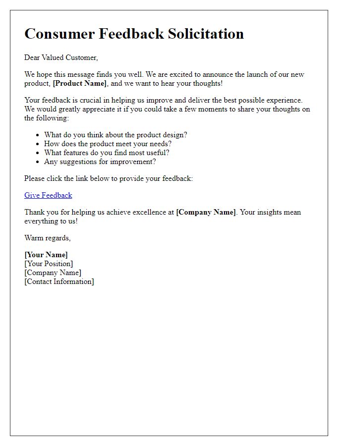 Letter template of consumer feedback solicitation for product launch