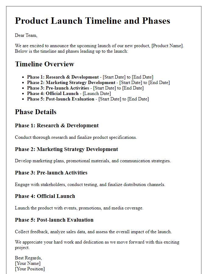 Letter template of product launch timeline and phases