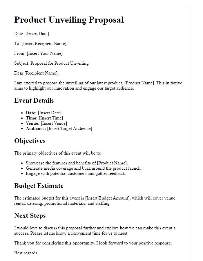 Letter template of product unveiling proposal