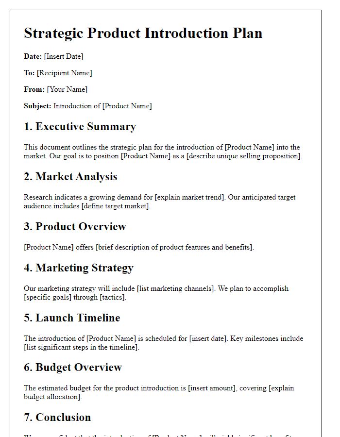 Letter template of strategic product introduction plan