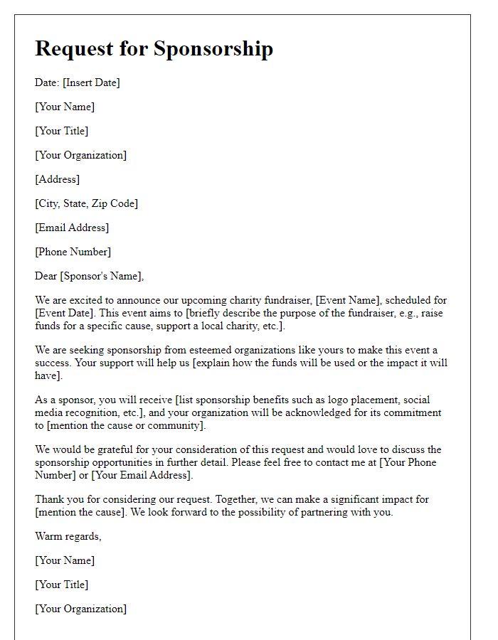 Letter template of sponsorship request for charity fundraiser.