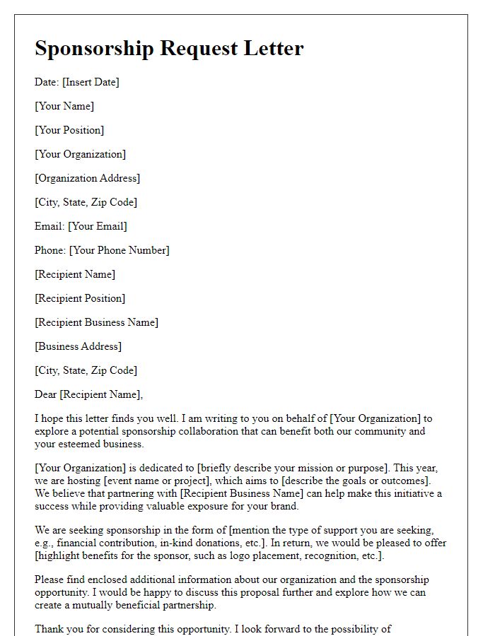 Letter template of sponsorship request for local business collaboration.