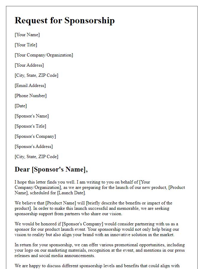 Letter template of sponsorship request for product launch.