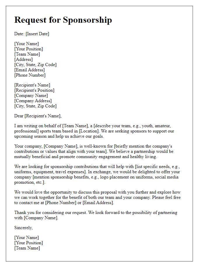 Letter template of sponsorship request for sports team.