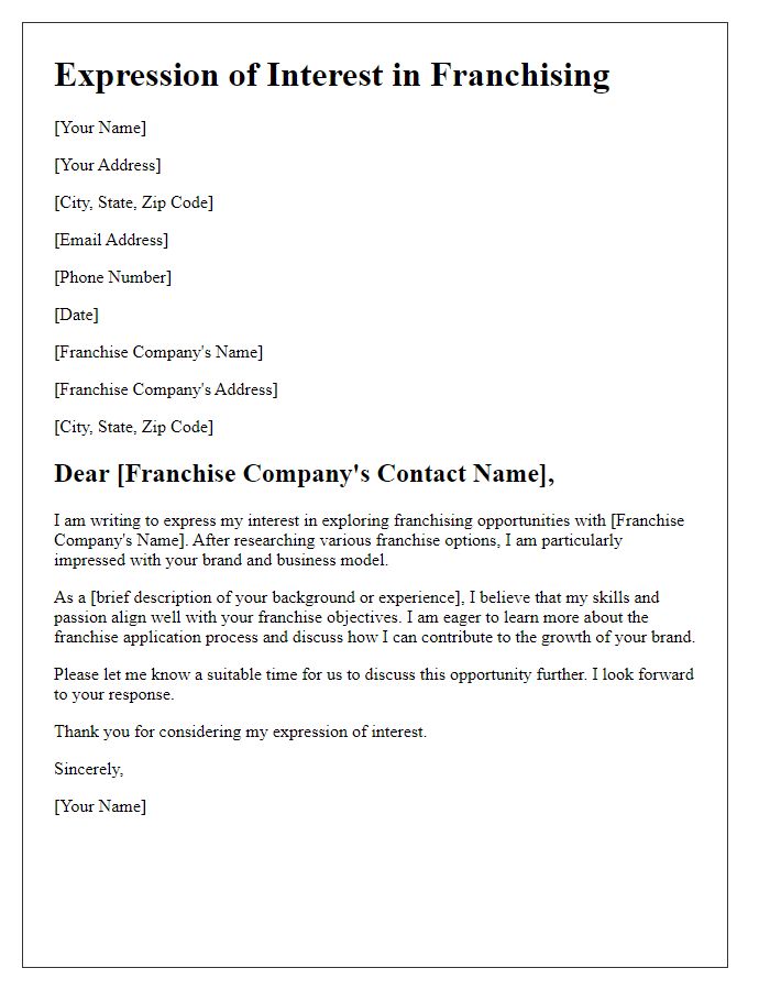 Letter template of Expression of Interest in Franchising