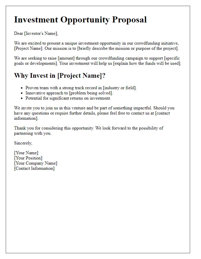 Letter template of investment opportunity proposal for crowdfunding initiatives.