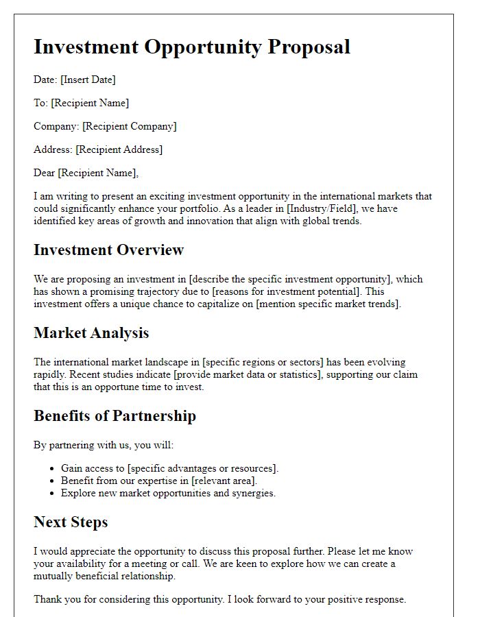 Letter template of investment opportunity proposal for international markets.