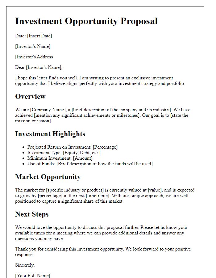 Letter template of investment opportunity proposal for seasoned investors.