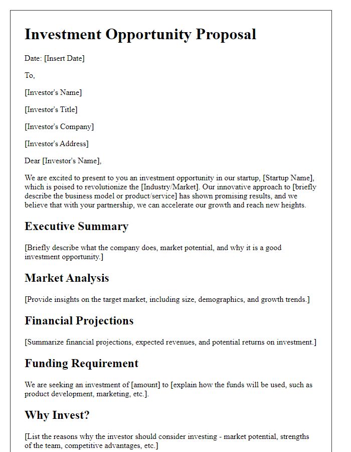 Letter template of investment opportunity proposal for startups.