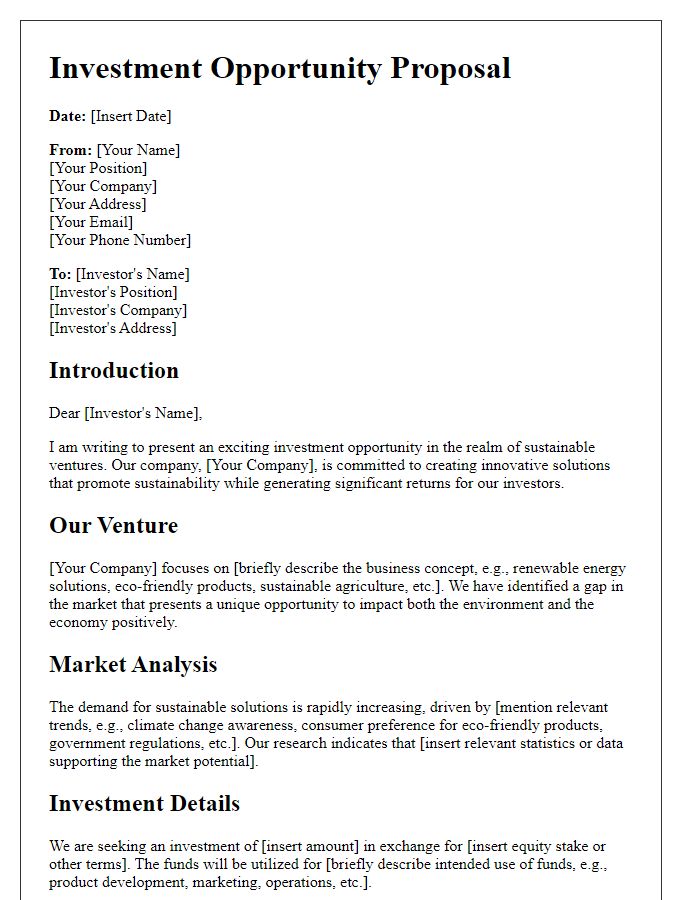 Letter template of investment opportunity proposal for sustainable ventures.