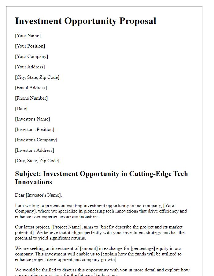 Letter template of investment opportunity proposal for tech innovations.