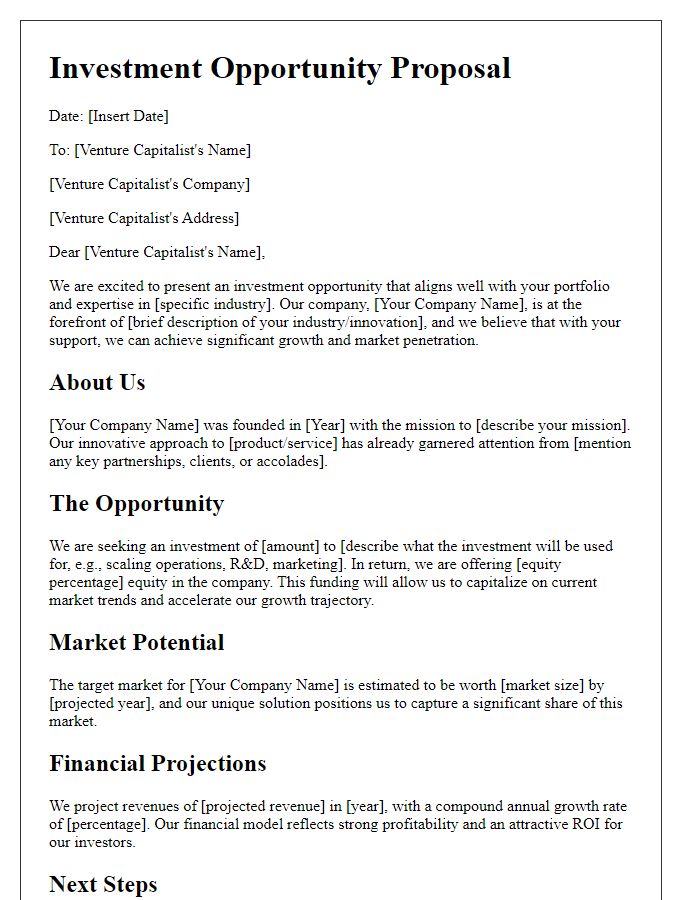 Letter template of investment opportunity proposal for venture capitalists.