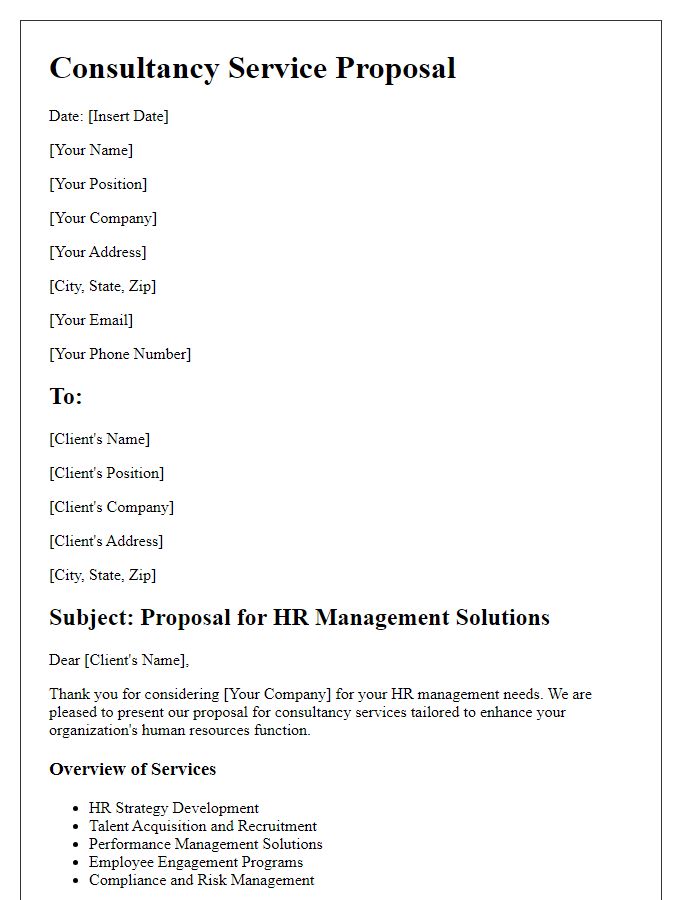 Letter template of consultancy service proposal for HR management solutions