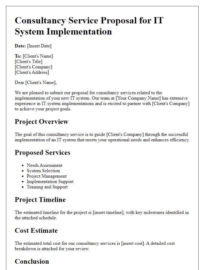 Letter template of consultancy service proposal for IT system implementation