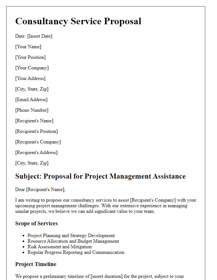 Letter template of consultancy service proposal for project management assistance